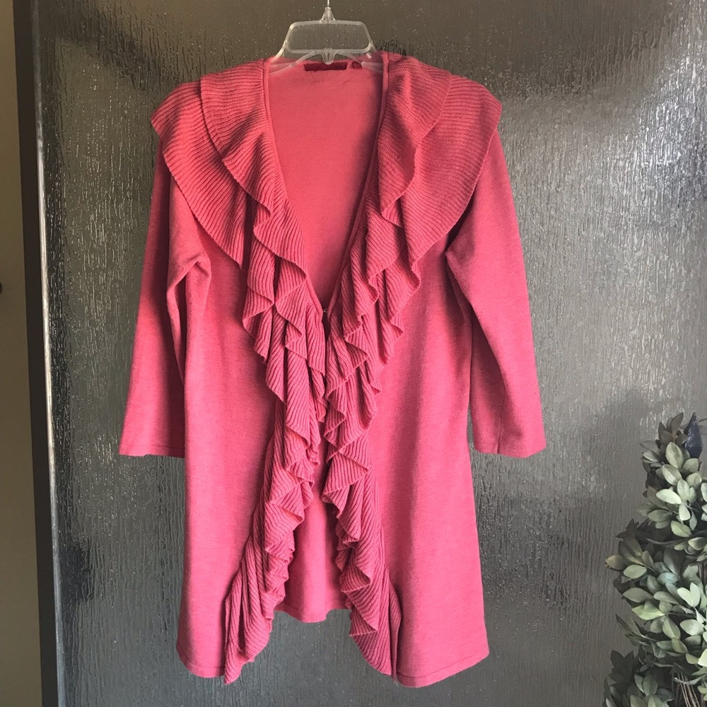 Coral Pink Ruffled-Collar Cardigan